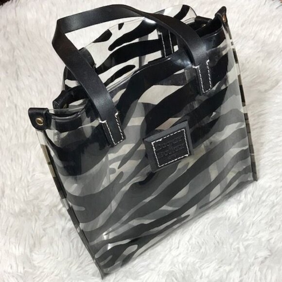Dooney & Bourke Transparent Black Zebra Genuine Leather Handle & Plaque Tote
